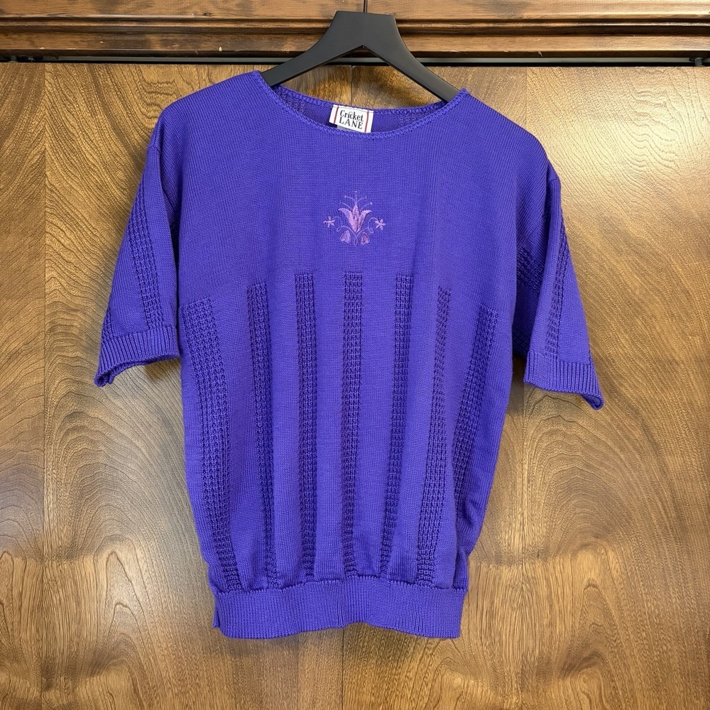 VTG Cricket Lane Purple Granny Cottage Large Crochet Short Sleeve Sweater Floral